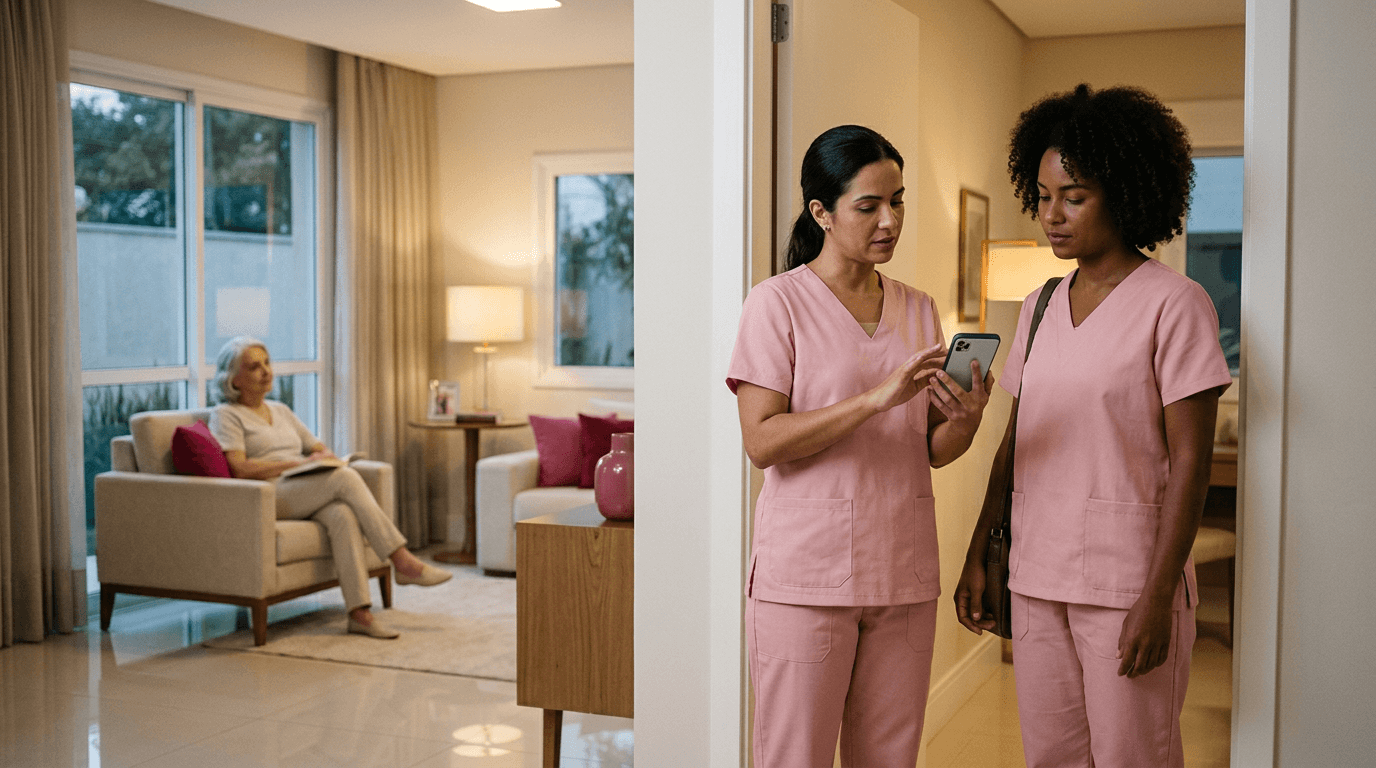 Cuidado 24 horas para idosos: passagem de turno entre duas cuidadoras em casa, com idosa descansando ao fundo, mostrando a continuidade ininterrupta do cuidado em revezamento.