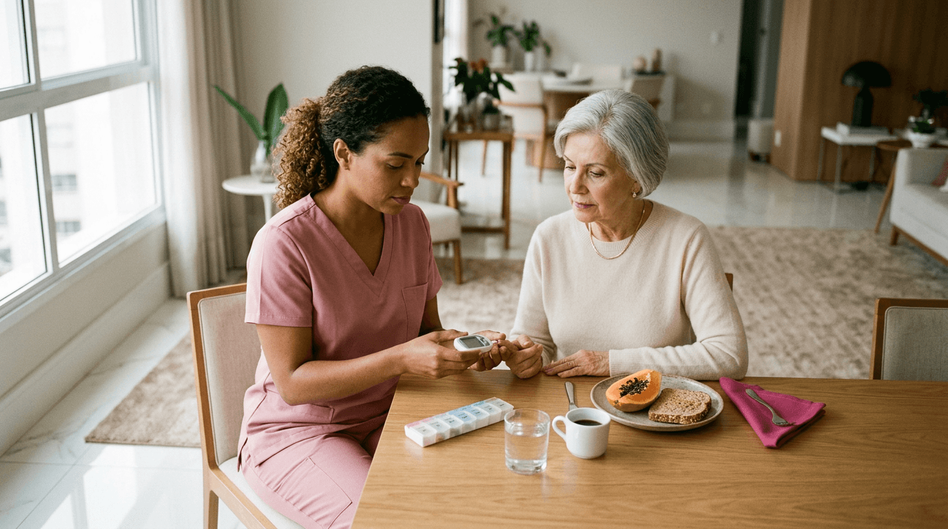 Idoso com diabetes em casa: cuidadora medindo glicemia de idosa durante o café da manhã, com alimentação balanceada e monitoramento como parte da rotina diária.