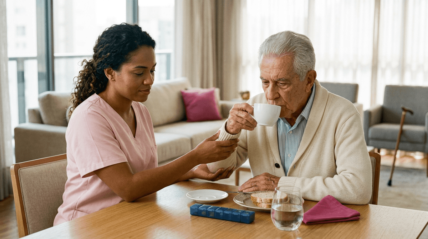 Cuidados com idoso com Parkinson em casa: cuidadora dando apoio firme à mão do idoso enquanto ele bebe da xícara, preservando autonomia em meio ao tremor característico da doença.